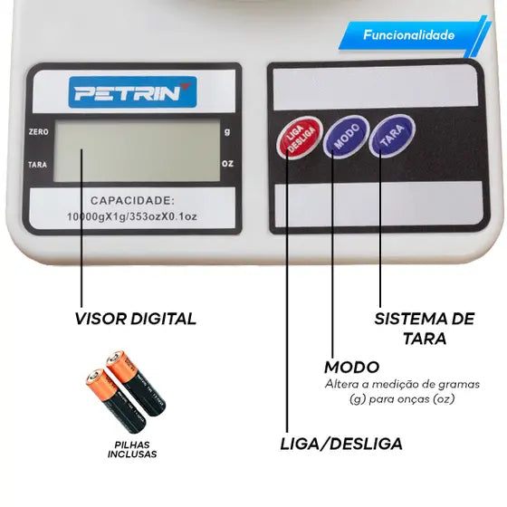 Balança Digital Cozinha Alta Precisão Pesa Até 10kg Petrin