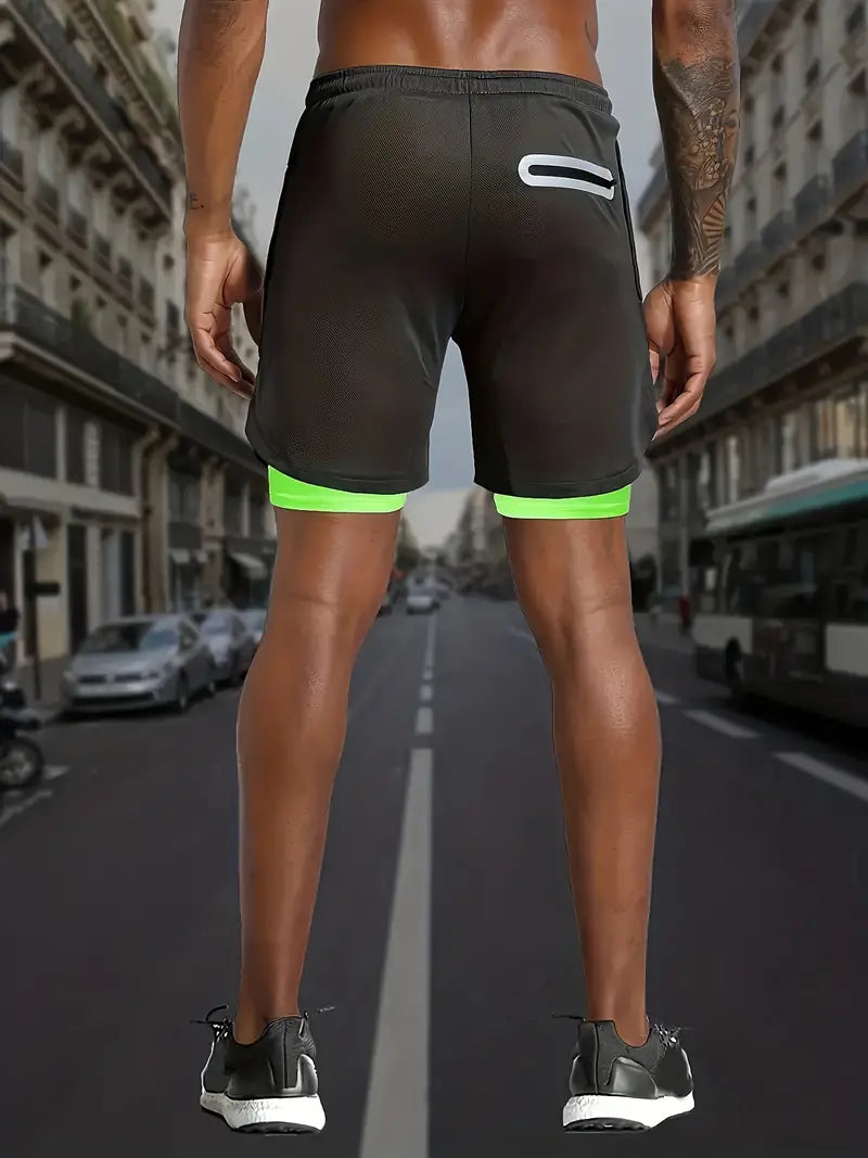 Shorts de cordão esportivo de verão 2 em 1 para homens, design atlético com bolso seguro para celular e camada refletiva, tecido respirável de secagem rápida, ideal para academia, corrida e treino