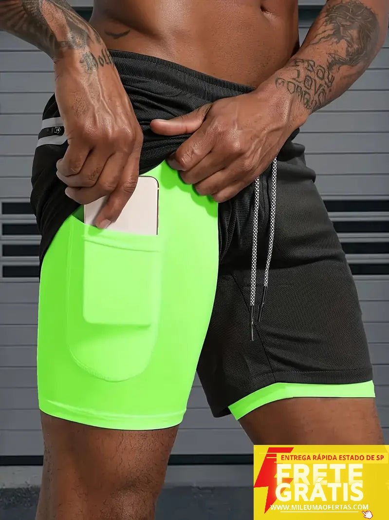 Shorts de cordão esportivo de verão 2 em 1 para homens, design atlético com bolso seguro para celular e camada refletiva, tecido respirável de secagem rápida, ideal para academia, corrida e treino