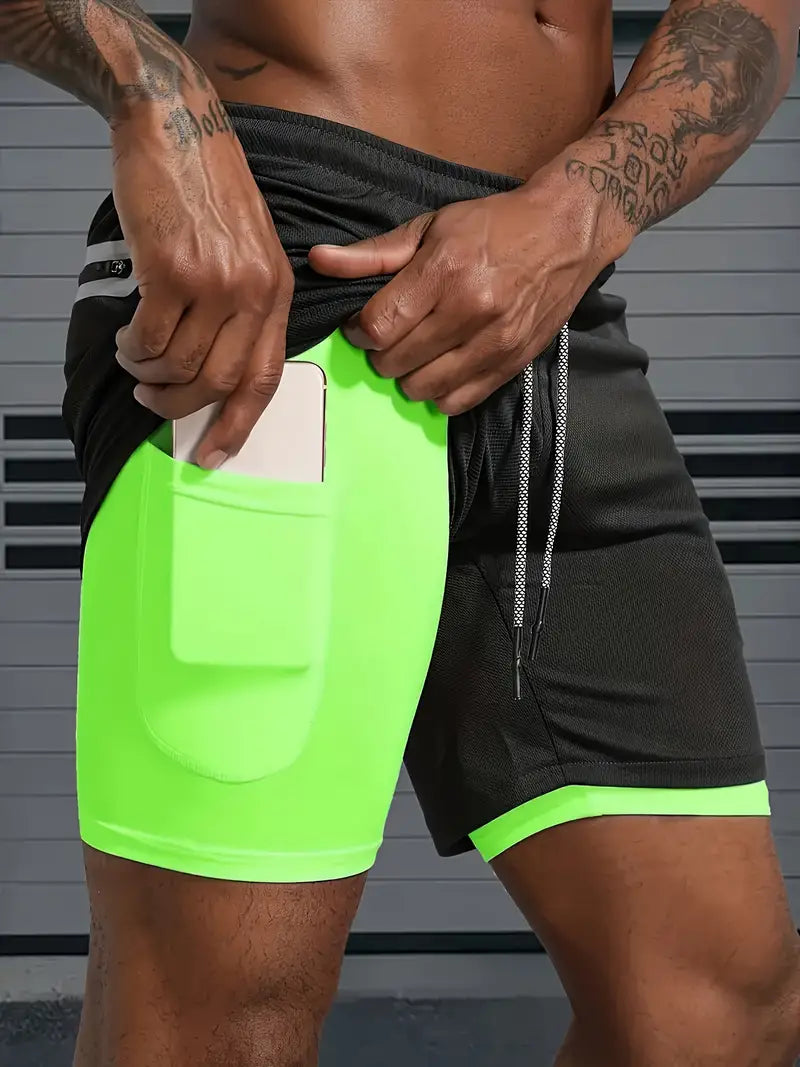 Shorts de cordão esportivo de verão 2 em 1 para homens, design atlético com bolso seguro para celular e camada refletiva, tecido respirável de secagem rápida, ideal para academia, corrida e treino