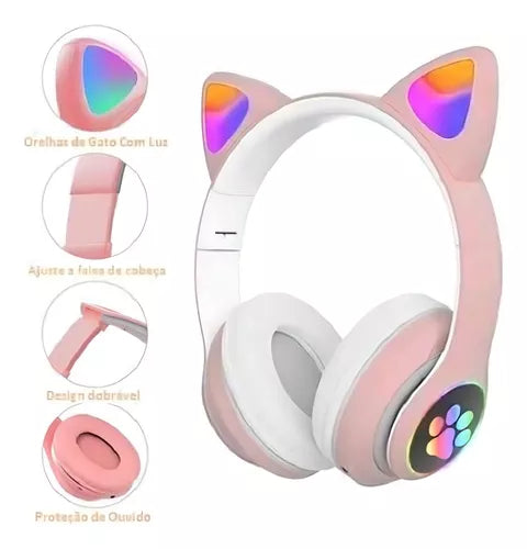 Fone Headphone Orelha Gato Colorido Led Smartphone Geek Gamer Gatinho