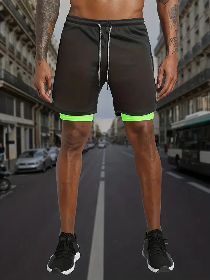 Shorts de cordão esportivo de verão 2 em 1 para homens, design atlético com bolso seguro para celular e camada refletiva, tecido respirável de secagem rápida, ideal para academia, corrida e treino