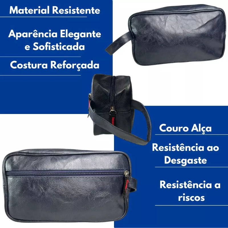 Necessaire Unissex Com Alça Lateral Organizador Mala Viagem Couro